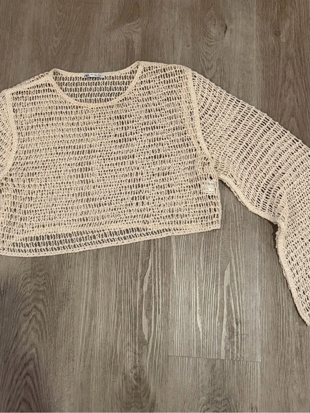 Zara Crochet Open-Knit Crop Long Sleeve Sweater in Cream, LRG